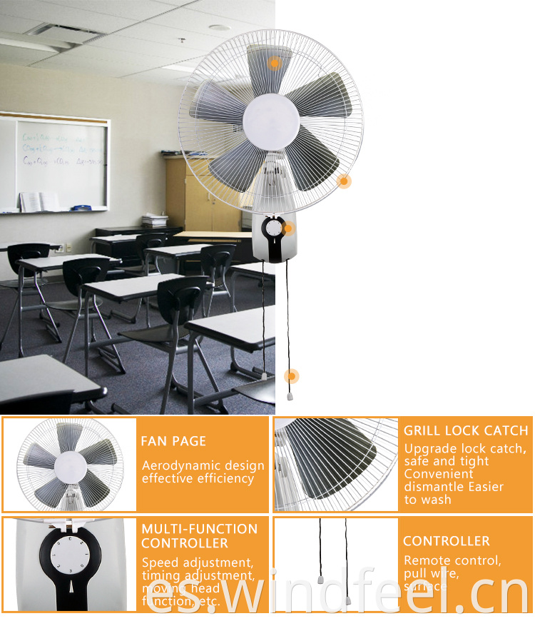 Consumo de baja potencia 220V 16 pulgadas de ventilador de pared PP Material Motor de aluminio Fans